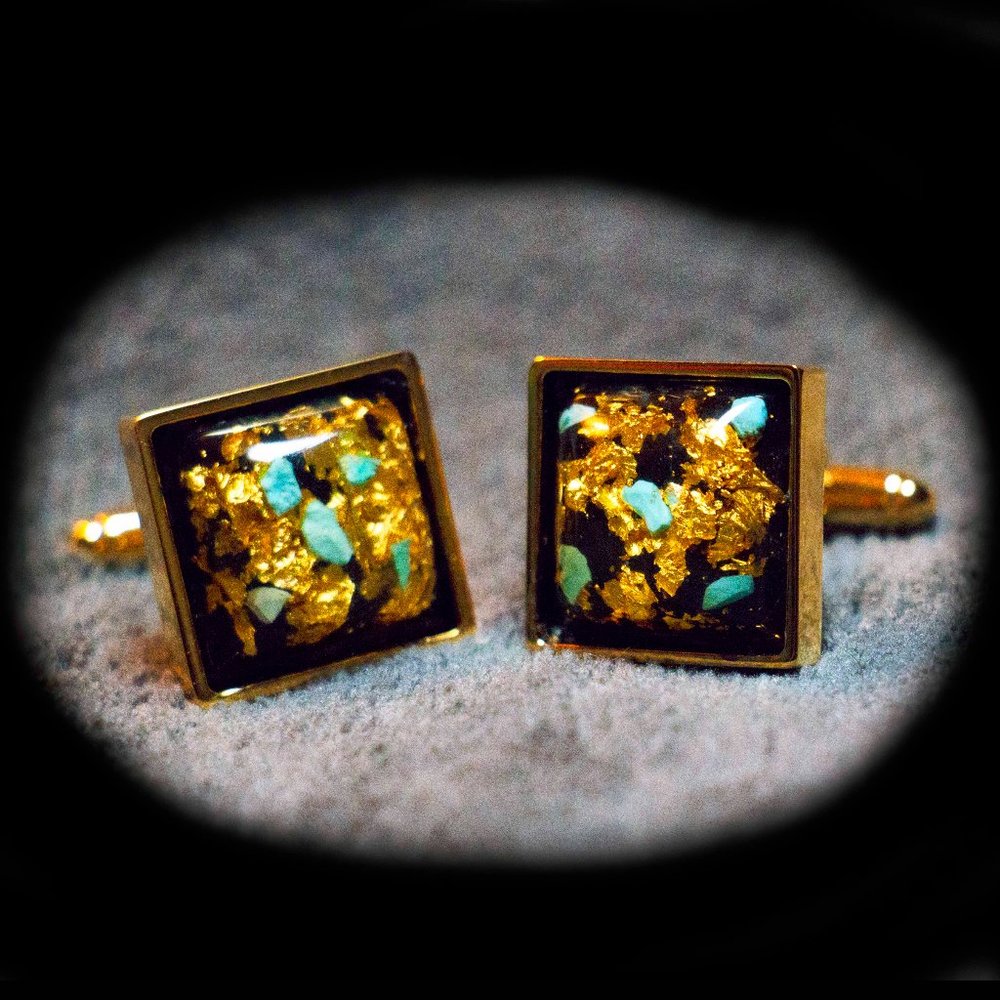 24K GOLD PLATED CUFFLINKS WITH ENCAPSULATED PYRITE & TURQUOISE CHIPS - McFGTT1